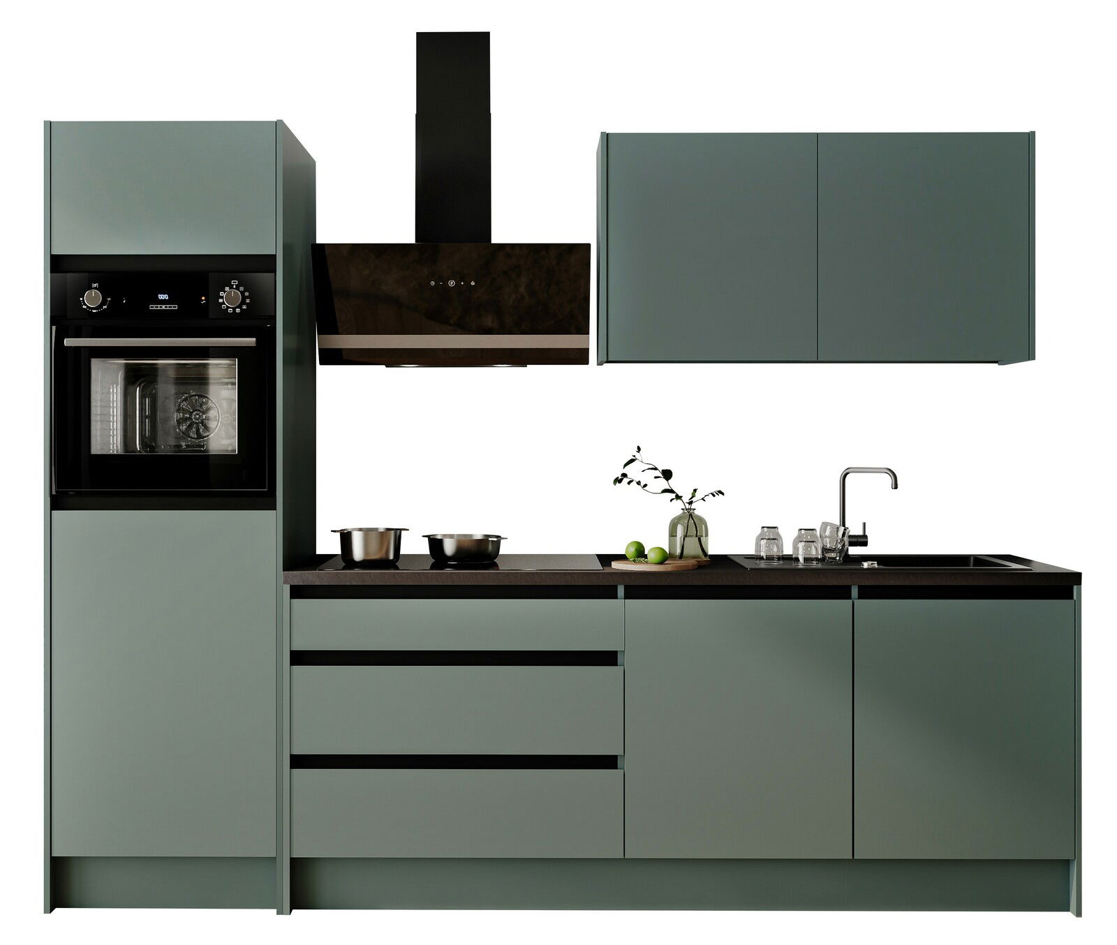 Yourkitchen Keukenblok Premium 273 TROJA Moderne Küchenzeile in mattem Grün mit integriertem Backofen, Dunstabzugshaube, Spüle und Oberschränken, frontal betrachtet.