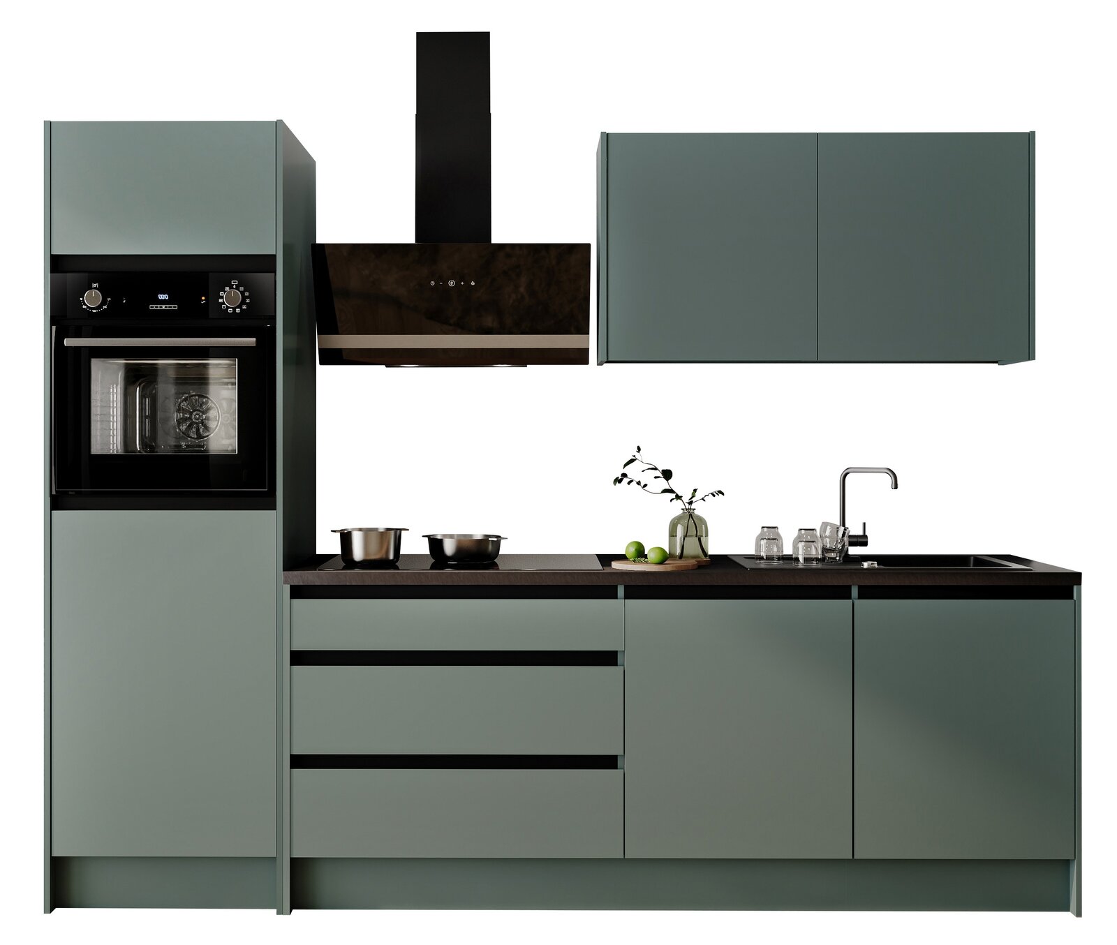 Yourkitchen Küchenblock Premium 273 TROJA Moderne Küchenzeile in mattem Grün mit integriertem Backofen, Dunstabzugshaube, Spüle und Oberschränken, frontal betrachtet.