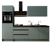 Moderne Küchenzeile in mattem Grün mit integriertem Backofen, Dunstabzugshaube, Spüle und Oberschränken, frontal betrachtet.