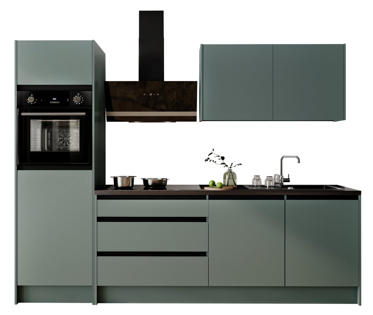 Yourkitchen Keukenblok Premium 273 TROJA Moderne keukenblok in matgroen met ingebouwde oven, afzuigkap, spoelbak en bovenkastjes, gezien vanaf de voorkant.