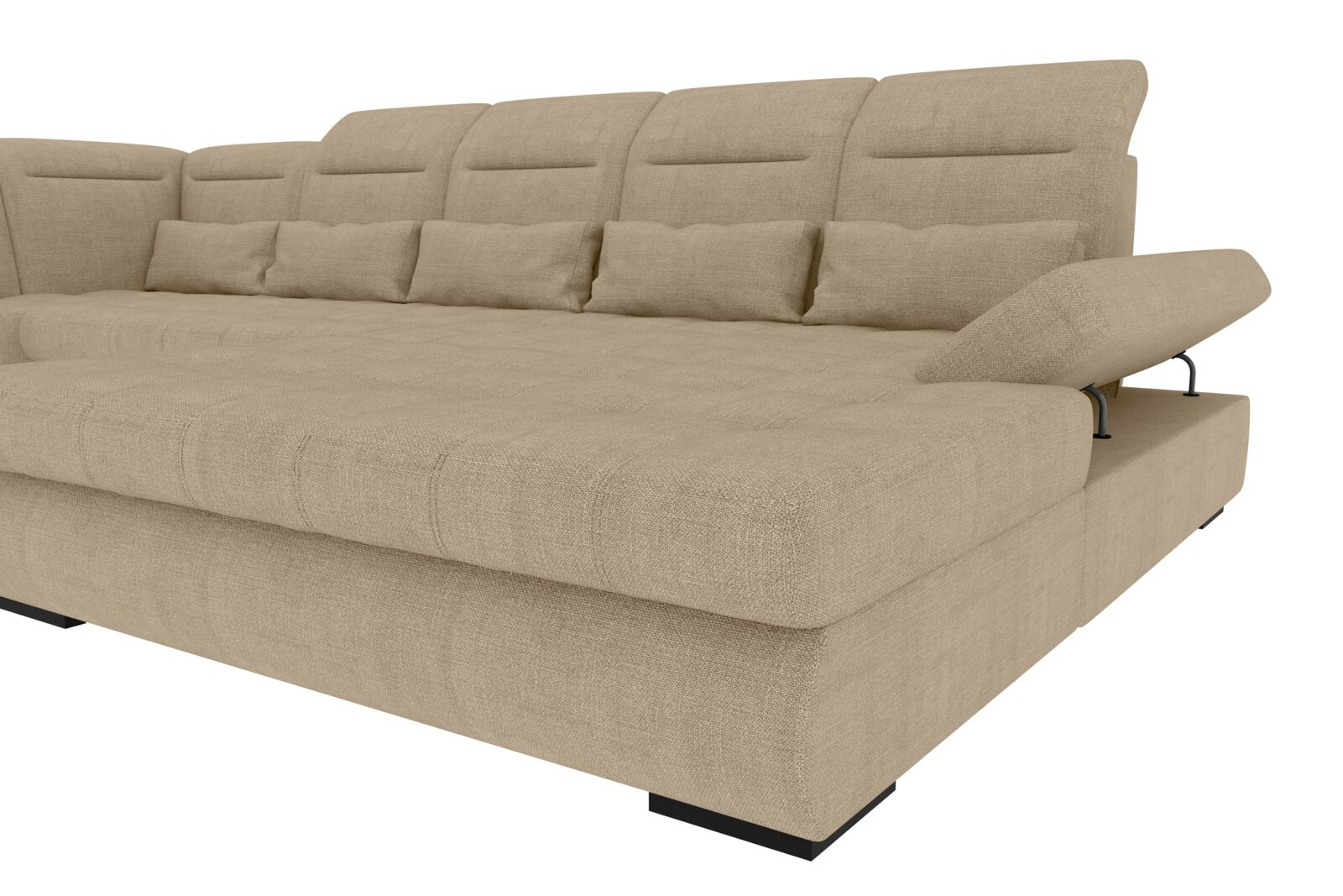 Beiges, gepolstertes Schlafsofa/Daybed mit hoher Rückenlehne, mehreren Kissen und seitlicher Armlehne auf schwarzen Füßen, gezeigt in Frontansicht aus leicht schräger Perspektive von vorn rechts.