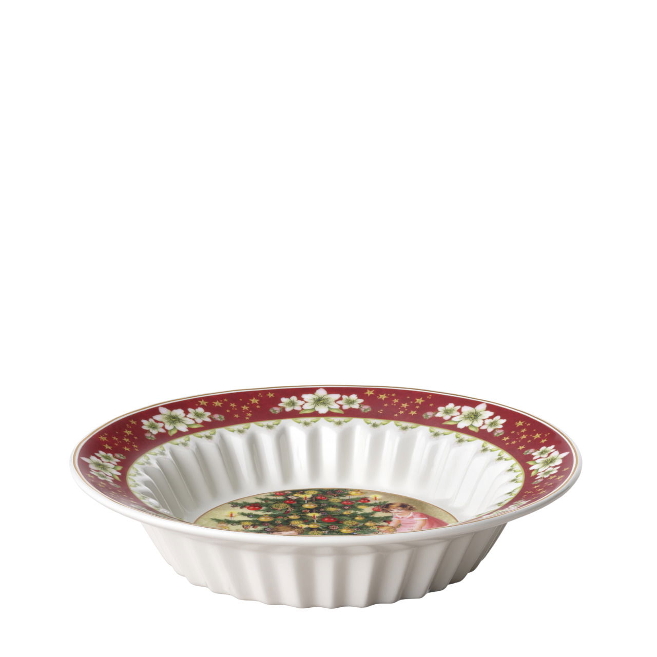 Kleine Schale mit weihnachtlichem Motiv, spielende Kinder und Weihnachtsbaum, seitliche Perspektive