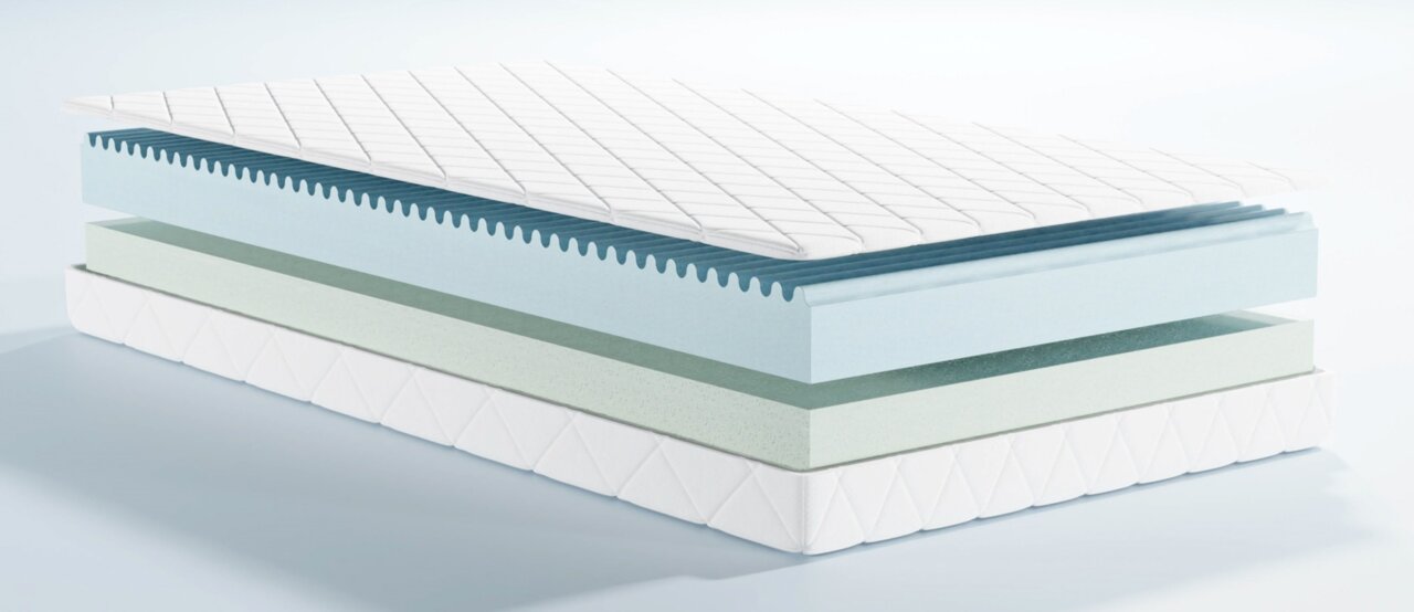 Querschnitt einer Jugendmatratze Duosoft mit mehreren Schichten aus verschiedenen Materialien, seitliche Perspektive