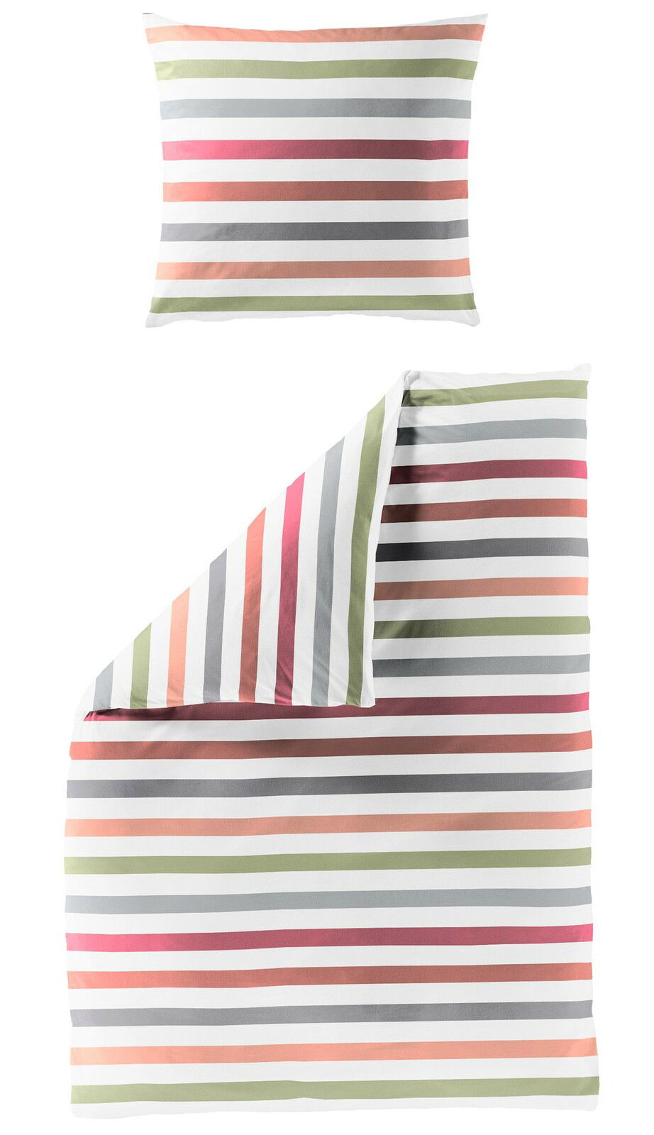 Bettwäsche-Set mit Streifenmuster in verschiedenen Farben, bestehend aus einem Kissenbezug und einem Bettdeckenbezug, aus der Vogelperspektive fotografiert.