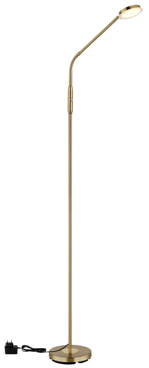 Elegante LED-Stehleuchte in Gold mit flexiblem Hals und rundem Sockel, seitliche Perspektive