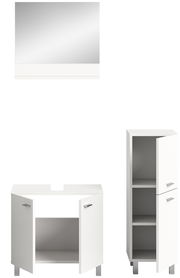 Badezimmermöbel-Set bestehend aus einem großen Spiegel, einem Waschbeckenunterschrank mit zwei Türen und einem hohen Schrank mit mehreren Fächern, frontal betrachtet.