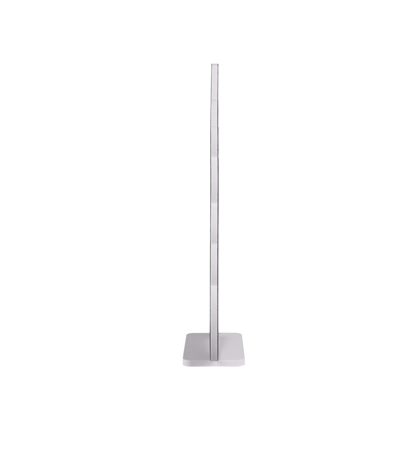 Schlanke, vertikale LED-Schreibtischlampe in Silber/Weiß mit quadratischem Standfuß, seitliche Profilansicht auf weißem Hintergrund