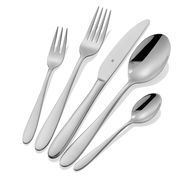 Elegantes 60-teiliges Besteckset aus Edelstahl, bestehend aus Gabeln, Messern und Löffeln, in einer schrägen Draufsicht.