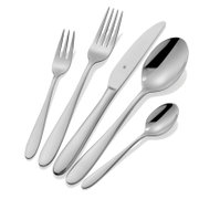 Elegantes 60-teiliges Besteckset aus Edelstahl, bestehend aus Gabeln, Messern und Löffeln, in einer schrägen Draufsicht.