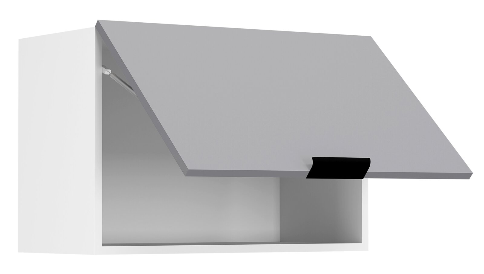 Weißer Wandschrank mit nach oben aufklappbarer Front und schwarzem Griff, gezeigt in seitlicher Perspektive von links (3/4-Ansicht) auf weißem Hintergrund.