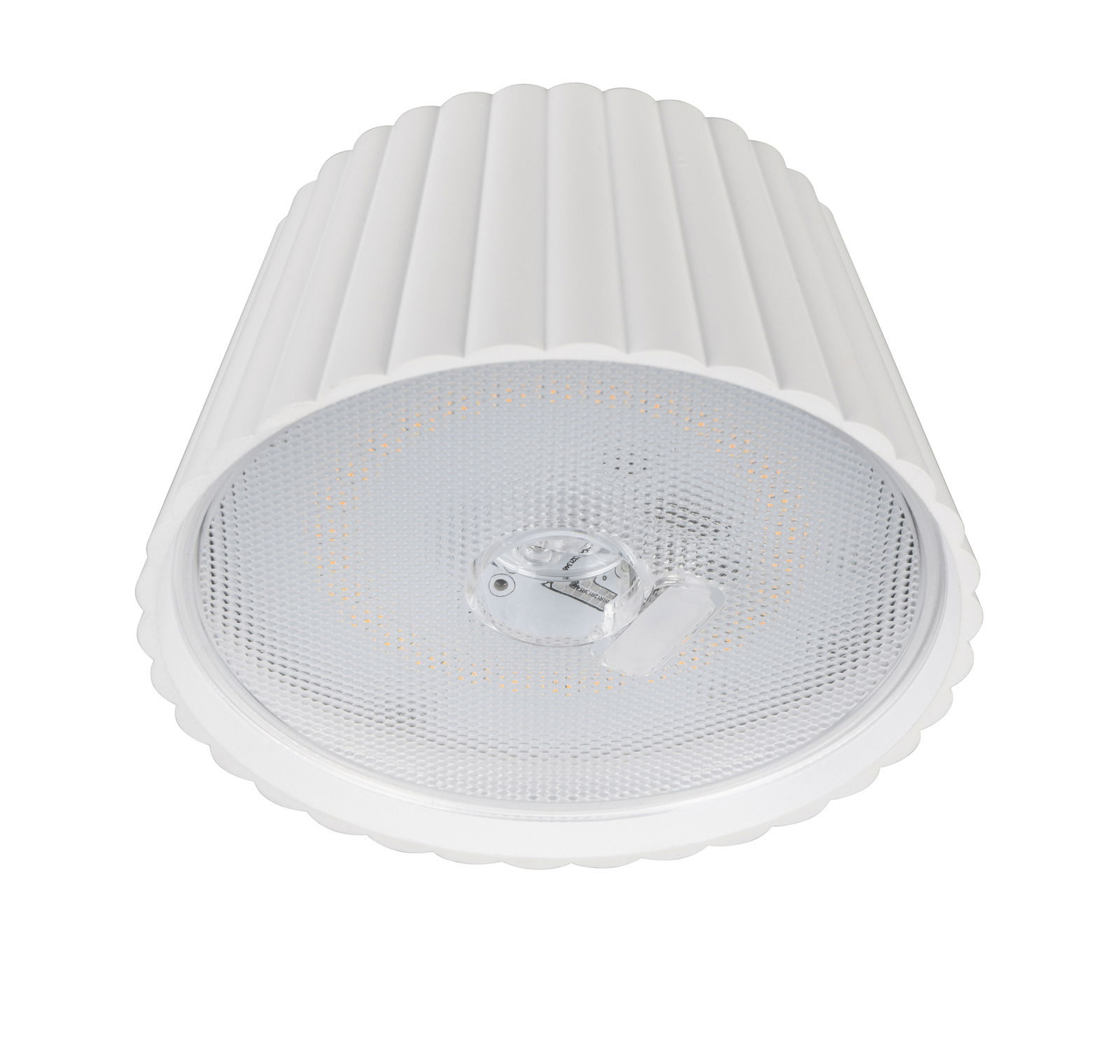 Weiße, zylindrische Akku-Stehleuchte SUAREZ, Ansicht von unten mit sichtbarem Leuchtmittel.