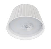 Weiße, zylindrische Akku-Stehleuchte SUAREZ, Ansicht von unten mit sichtbarem Leuchtmittel.