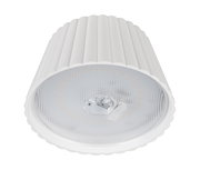 Weiße, zylindrische Akku-Stehleuchte SUAREZ, Ansicht von unten mit sichtbarem Leuchtmittel.