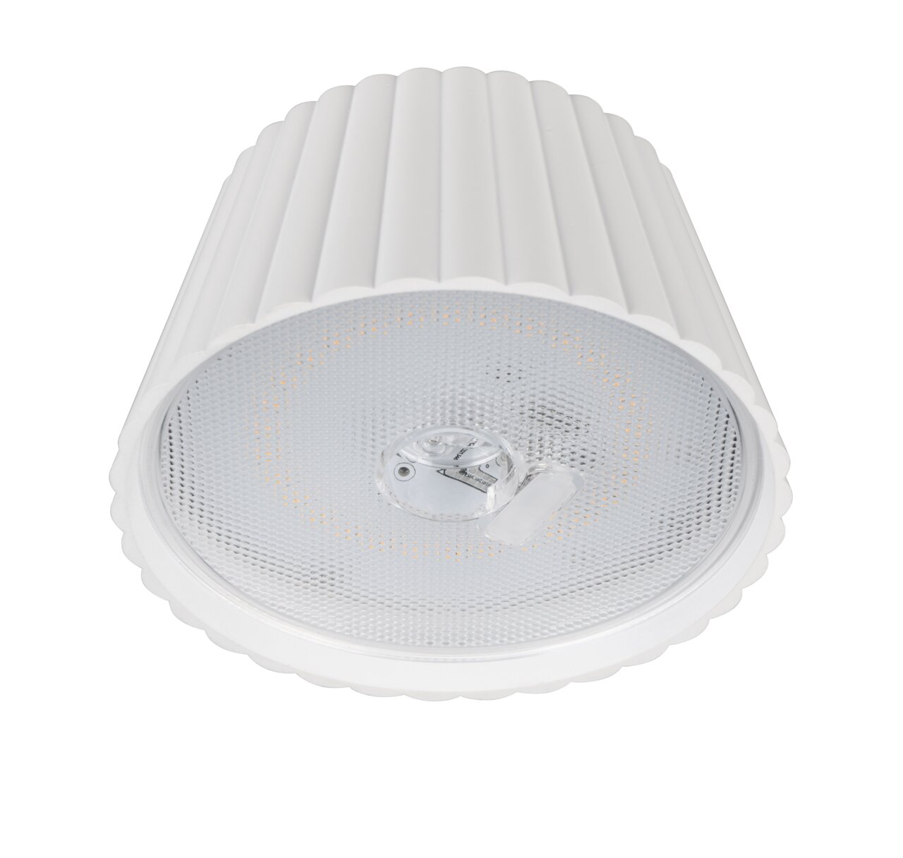 Weiße, zylindrische Akku-Stehleuchte SUAREZ, Ansicht von unten mit sichtbarem Leuchtmittel.