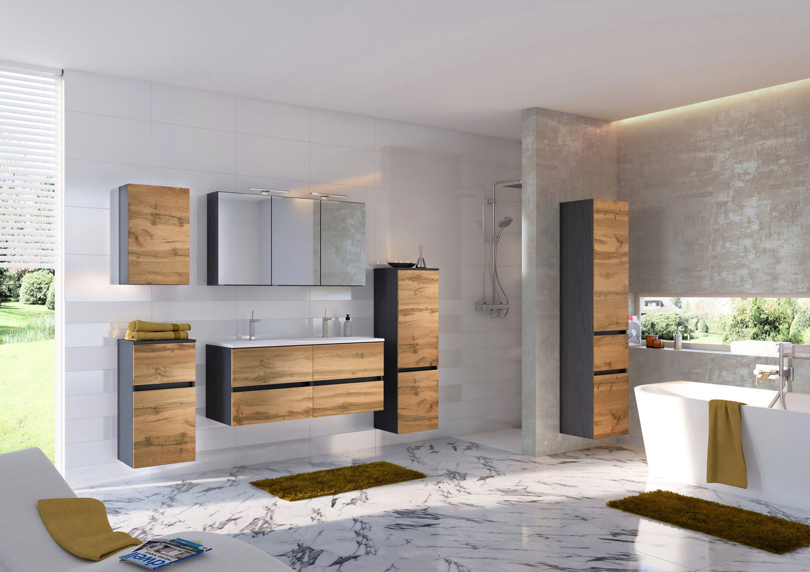 Moderner Spiegelschrank in einem stilvollen Badezimmer mit Holz- und Marmorelementen, seitliche Perspektive.