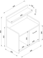 Isometrische technische Maßzeichnung eines kompakten Nachttischs/Beistellschranks mit Rückwand-Aufsatz und Griff, ca. 600 mm hoch, 468 mm breit und 285 mm tief.