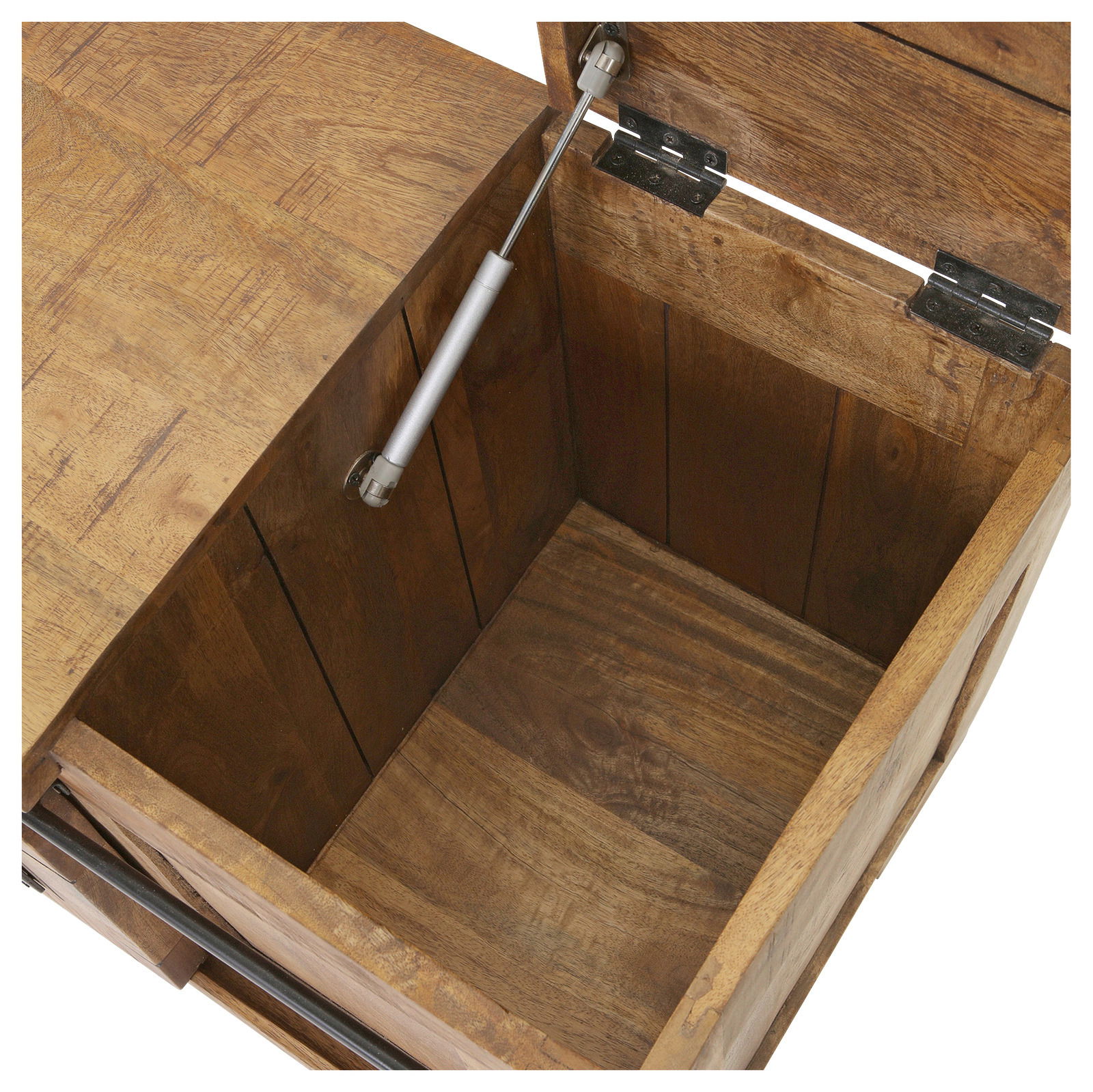 Offene Kommode aus Holz mit Blick von oben, zeigt den Innenraum und die Scharniere.