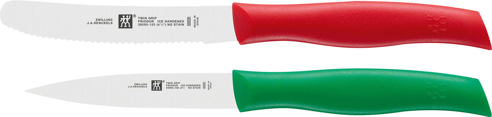Zweiteiliges Messerset Twin Grip mit rotem und grünem Griff, seitliche Ansicht.