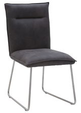 Moderner Stuhl mit grauem Polster und Metallbeinen, seitliche Perspektive