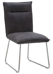 Moderner Stuhl mit grauem Polster und Metallbeinen, seitliche Perspektive
