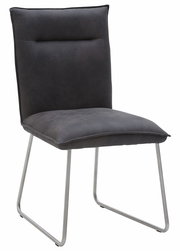 Moderner Stuhl mit grauem Polster und Metallbeinen, seitliche Perspektive