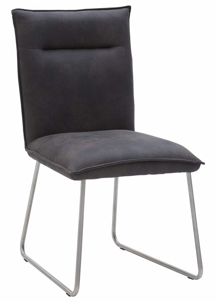 Moderner Stuhl mit grauem Polster und Metallbeinen, seitliche Perspektive