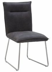 Moderner Stuhl mit grauem Polster und Metallbeinen, seitliche Perspektive