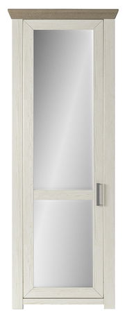 Frontansicht eines Garderobenschranks mit Spiegeltür und hellem Holzrahmen.
