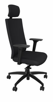 Schwarzer Drehstuhl mit Kopfstütze und Armlehnen, seitliche Perspektive