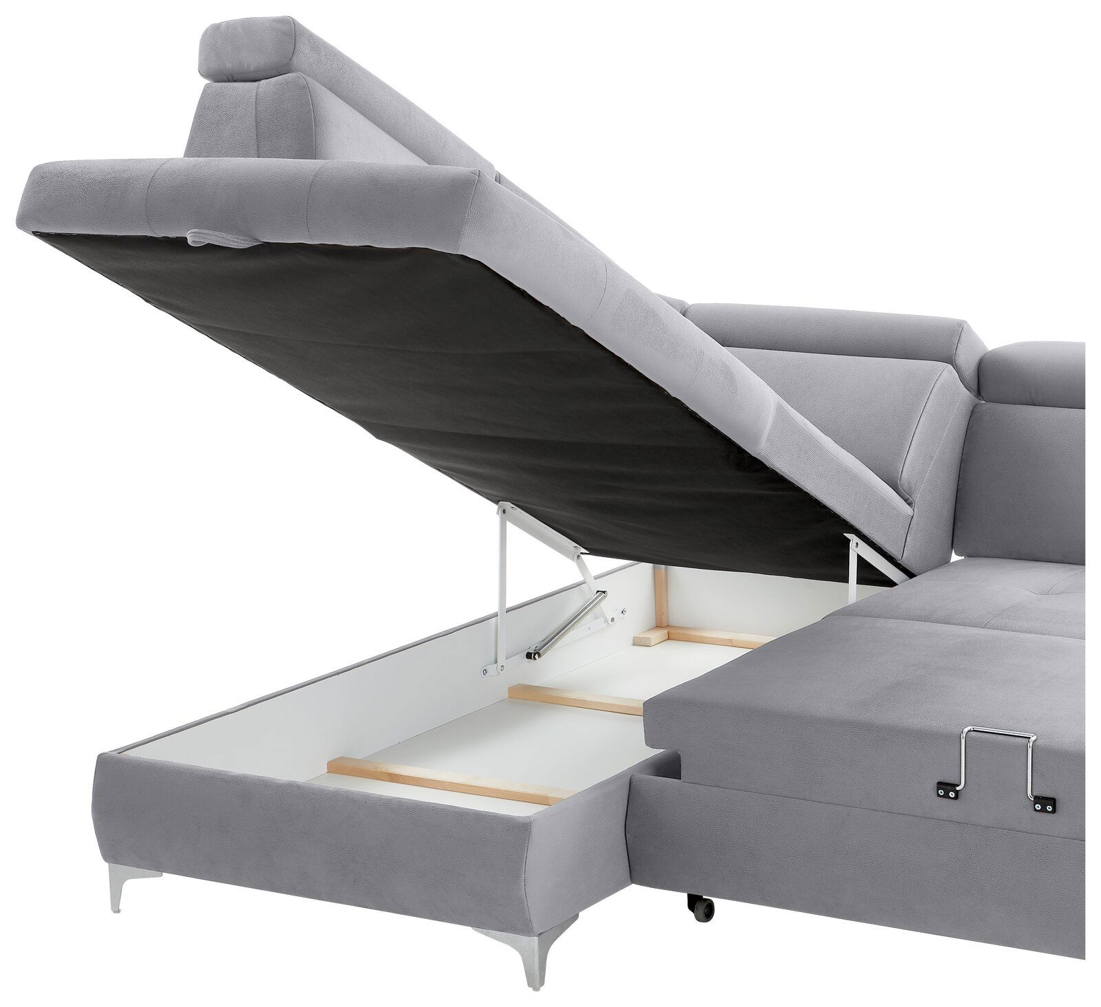 Graue Rundecke mit Stauraum, geöffnete Perspektive von der Seite