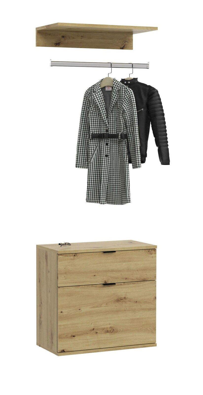Kommode aus Holz mit zwei Schubladen, darüber ein Regalbrett mit Kleiderstange, auf der zwei Jacken hängen. Frontalansicht.