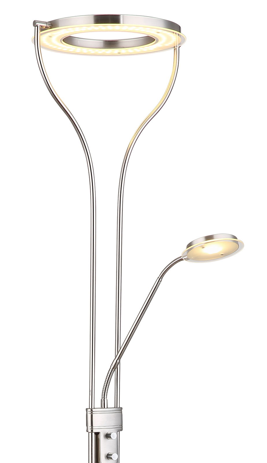 Moderner Deckenfluter mit LED-Ring und flexiblem Leselicht, seitliche Perspektive