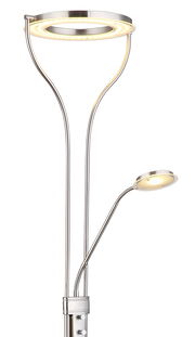 Moderner Deckenfluter mit LED-Ring und flexiblem Leselicht, seitliche Perspektive