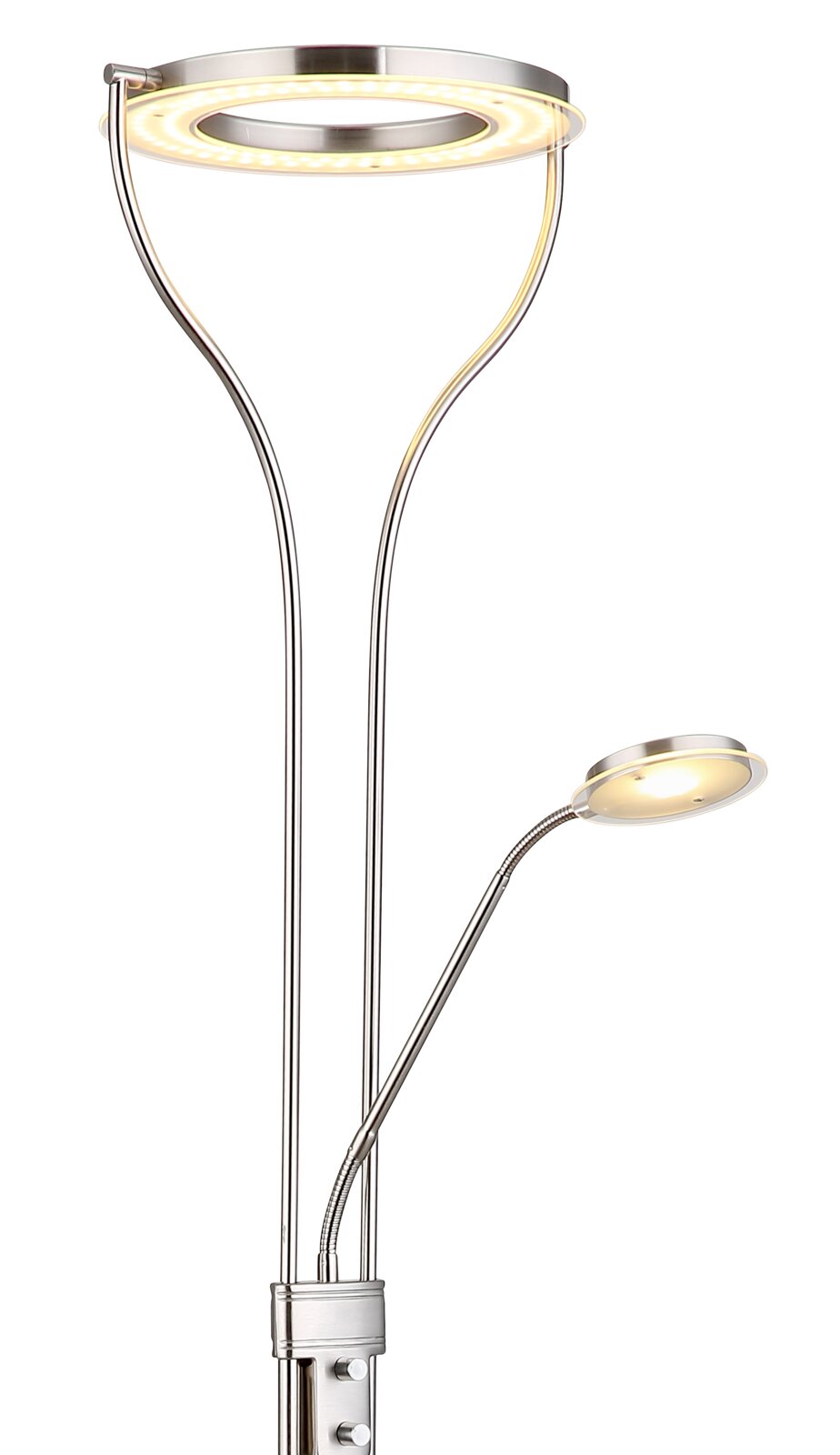Moderner Deckenfluter mit LED-Ring und flexiblem Leselicht, seitliche Perspektive