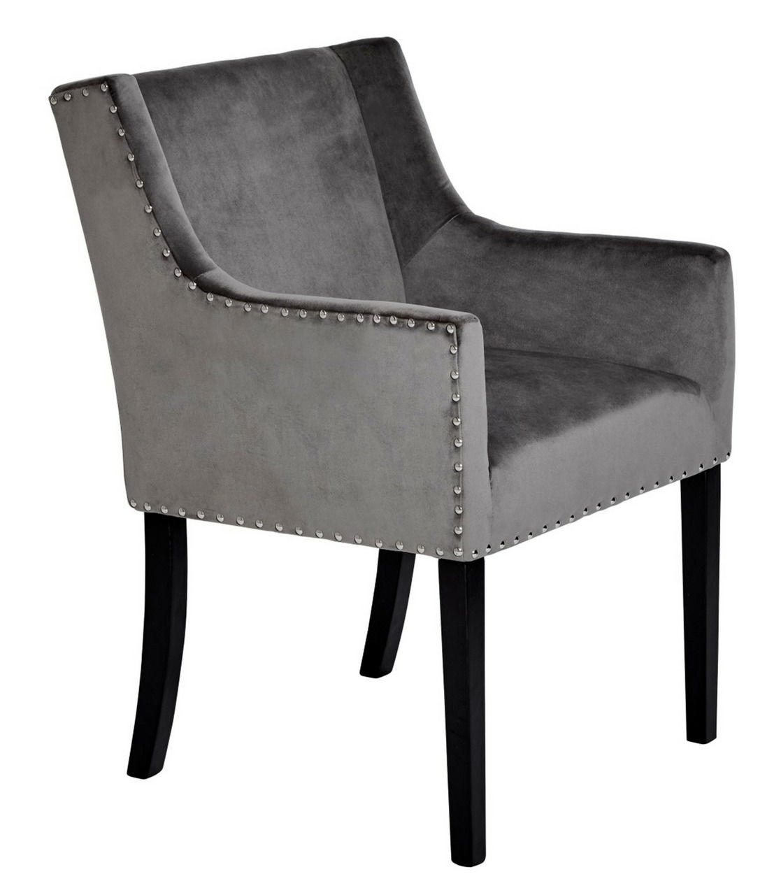 Grauer Stuhl mit Armlehnen und Nietenverzierung, seitliche Perspektive