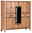 Hochwertiges Highboard aus Holz mit schwarzem Metallrahmen, zwei Schubladen und einer zentralen Vitrine, seitliche Perspektive