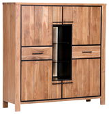 Hochwertiges Highboard aus Holz mit schwarzem Metallrahmen, zwei Schubladen und einer zentralen Vitrine, seitliche Perspektive
