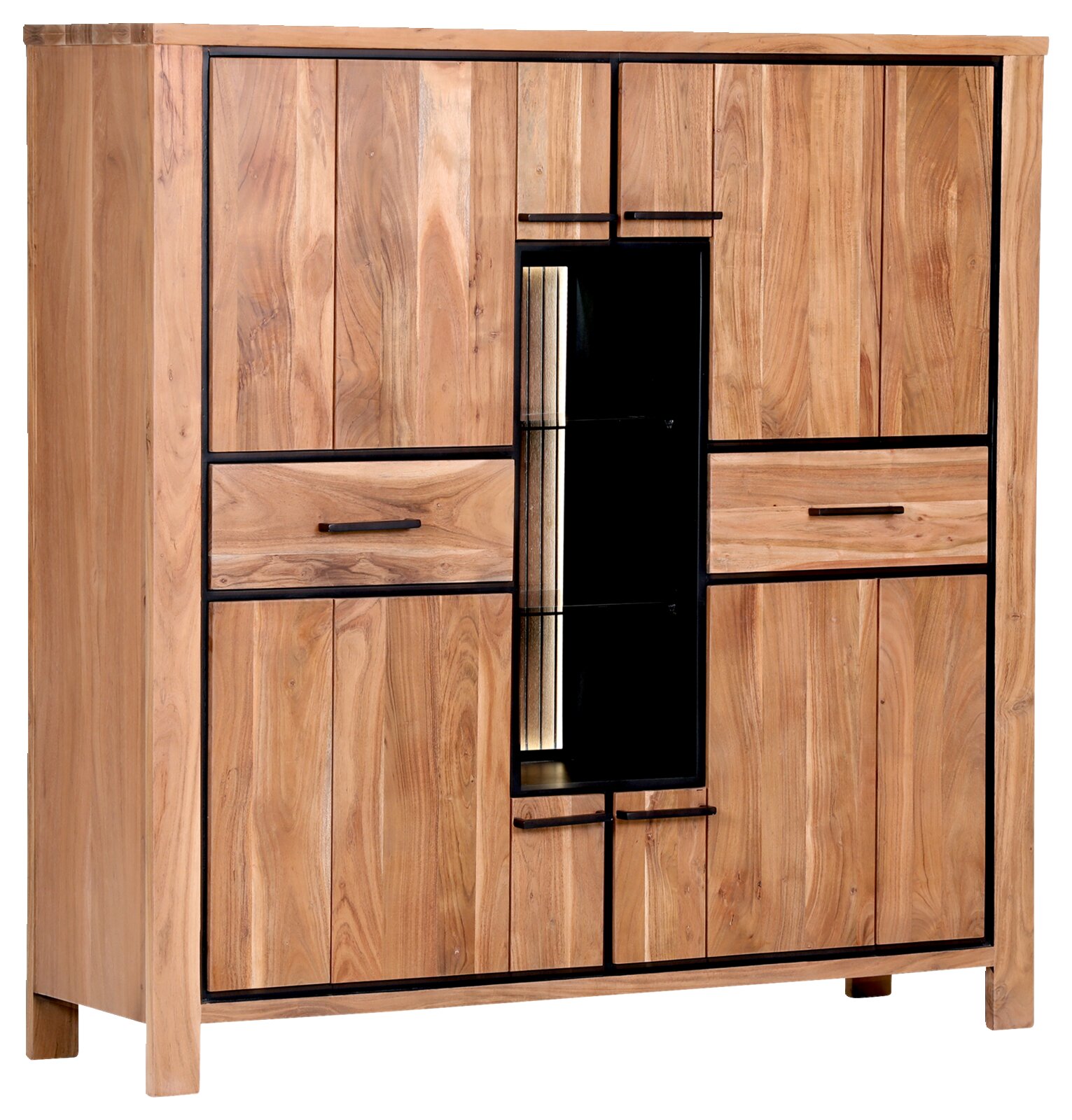 Hoogwaardig houten highboard met een zwart metalen frame, twee lades en een vitrinekast in het midden, zijaanzicht