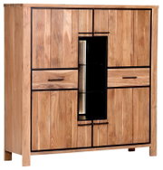 Hochwertiges Highboard aus Holz mit schwarzem Metallrahmen, zwei Schubladen und einer zentralen Vitrine, seitliche Perspektive