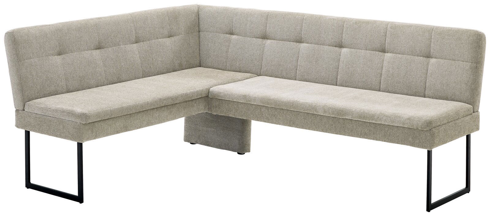 Eckbank in hellgrauem Stoffbezug mit schwarzem Metallgestell, perspektivisch von vorne links fotografiert.