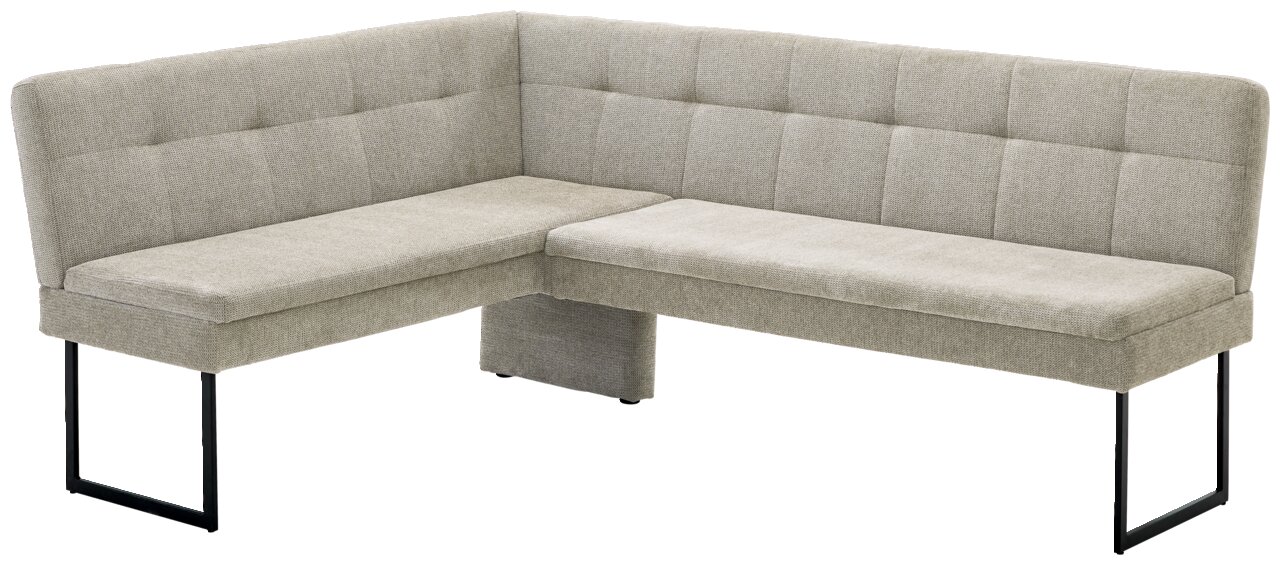 Novel Eckbank QUICK Eckbank in hellgrauem Stoffbezug mit schwarzem Metallgestell, perspektivisch von vorne links fotografiert.