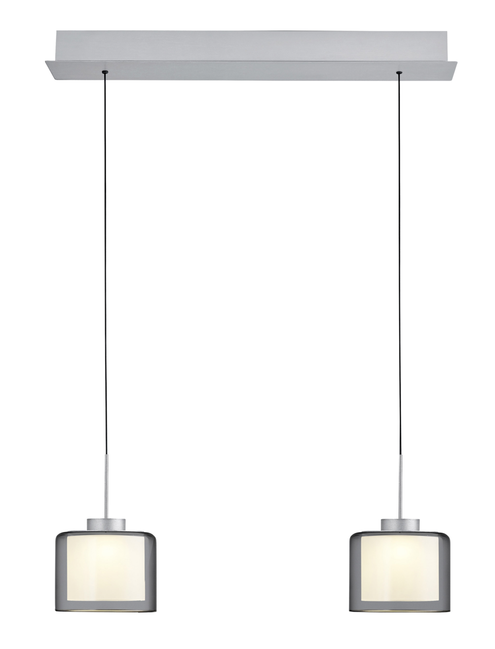 Moderne LED-Pendelleuchte mit zwei zylindrischen Lampenschirmen, hängend an einem rechteckigen Deckenbaldachin, Frontalansicht.