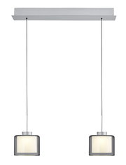 Moderne LED-Pendelleuchte mit zwei zylindrischen Lampenschirmen, hängend an einem rechteckigen Deckenbaldachin, Frontalansicht.