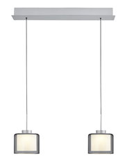 Moderne LED-Pendelleuchte mit zwei zylindrischen Lampenschirmen, hängend an einem rechteckigen Deckenbaldachin, Frontalansicht.