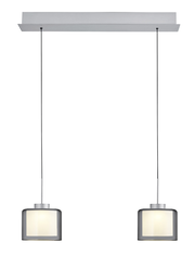 Moderne LED-Pendelleuchte mit zwei zylindrischen Lampenschirmen, hängend an einem rechteckigen Deckenbaldachin, Frontalansicht.