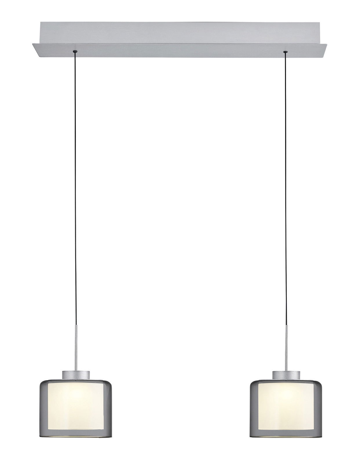 Moderne LED-Pendelleuchte mit zwei zylindrischen Lampenschirmen, hängend an einem rechteckigen Deckenbaldachin, Frontalansicht.