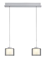 Moderne LED-Pendelleuchte mit zwei zylindrischen Lampenschirmen, hängend an einem rechteckigen Deckenbaldachin, Frontalansicht.