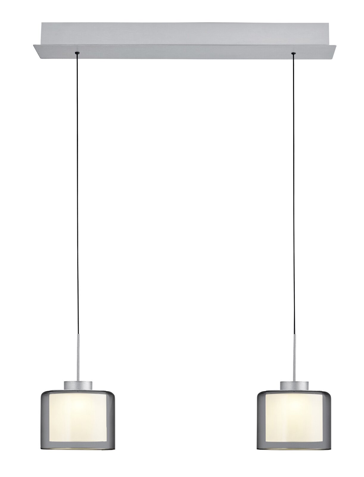 Moderne LED-hanglamp met twee cilindervormige lampenkappen, opgehangen aan een rechthoekige plafondkap, vooraanzicht.