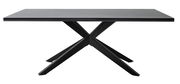 Moderner Esstisch mit schwarzem X-förmigem Metallgestell, seitliche Perspektive