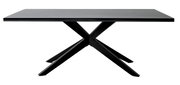 Moderne eettafel met zwart X-vormig metalen onderstel, zijaanzicht